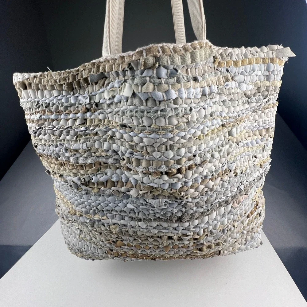 Handcrafted Upcycled Woven Tote Bag Large Neutral Boho Eco-Friendly Beach Travel